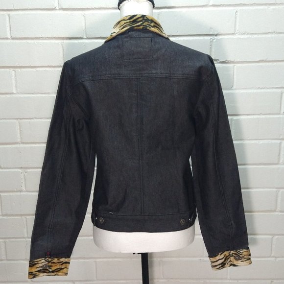 GUESS Black Denim Jacket Animal Print Trim Collared Womens Size M  CLEARANCE! - Picture 6 of 11